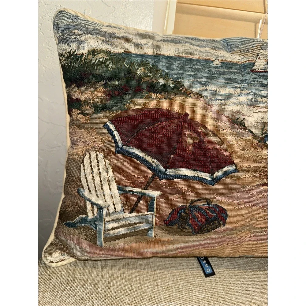 Vintage DAKOTAH Seascape Beach w/ Chair & Umbrella Tapestry Pillow 17